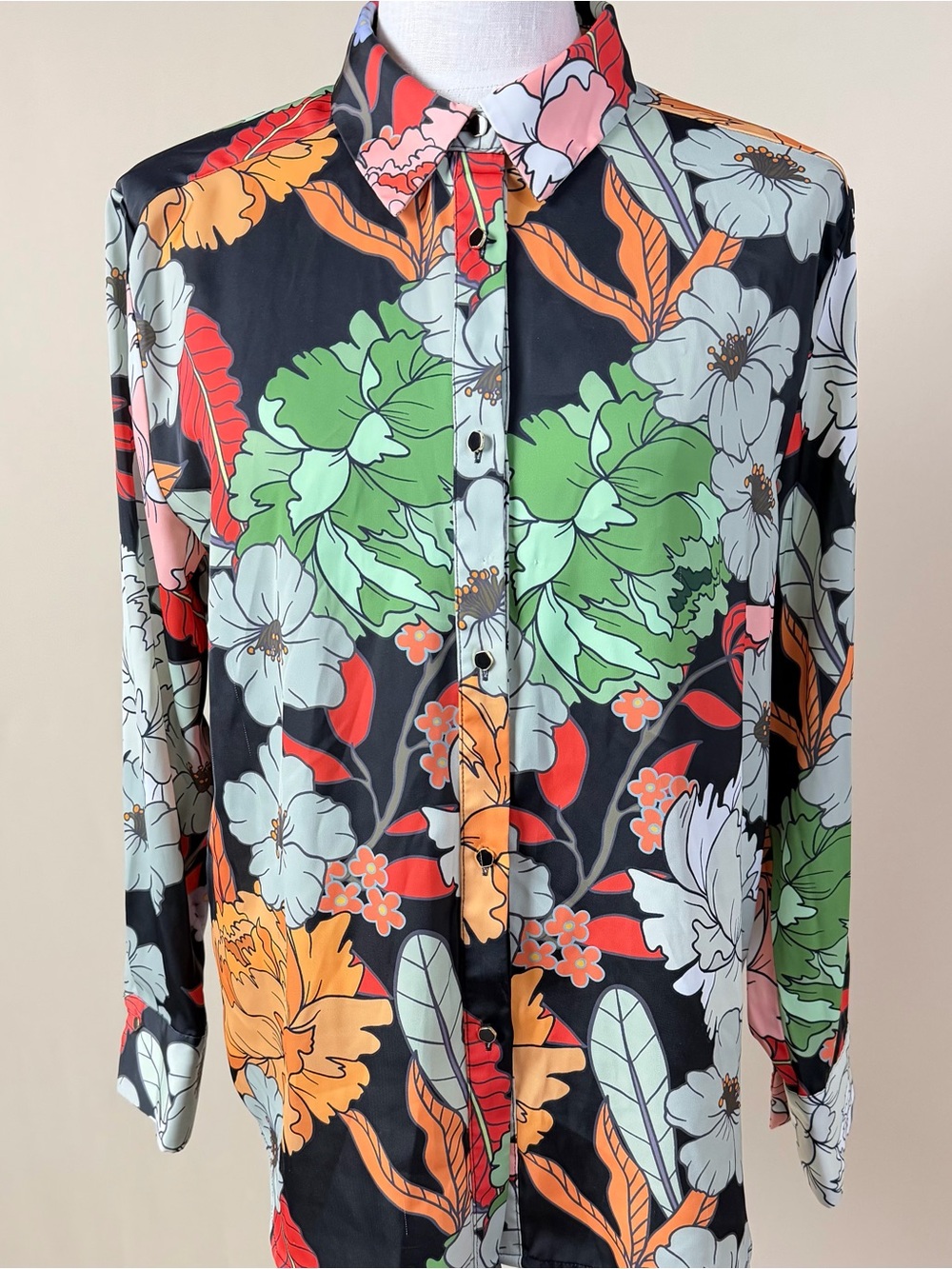 Rachel Zoe Black Floral Button-Down Blouse with Green, Orange and White Accents